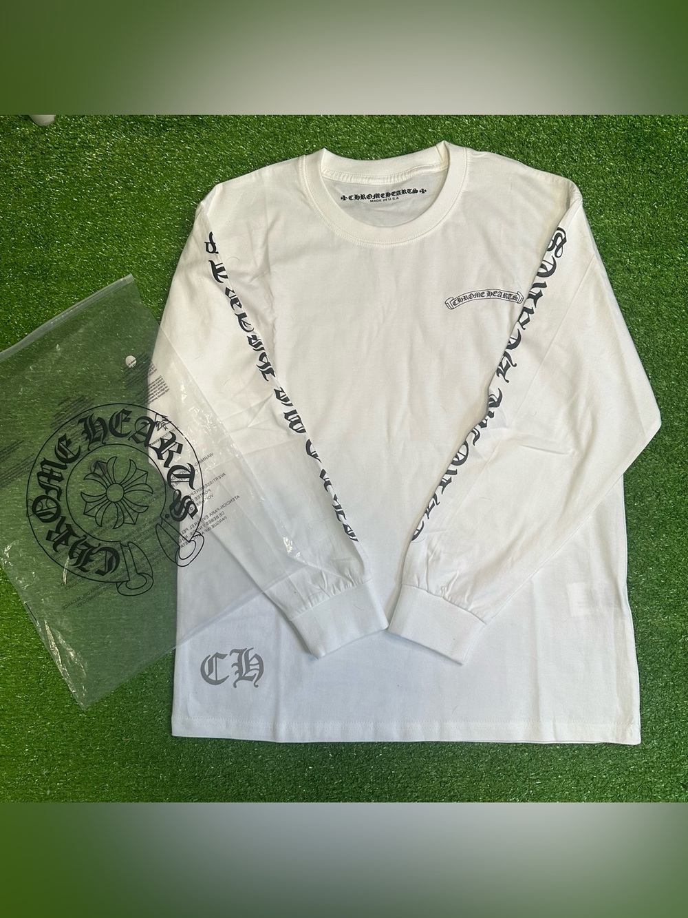 Chrome Hearts Kids White Long Sleeve Tee with Black Gothic Sleeve Graphics